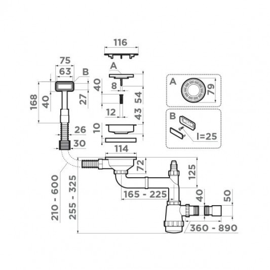 Арматура для одночашевых кухонных моек Omoikiri WK-1C IN 4956472 с прямоугольным переливом и декоративным элементом для корзины, нержавеющая сталь