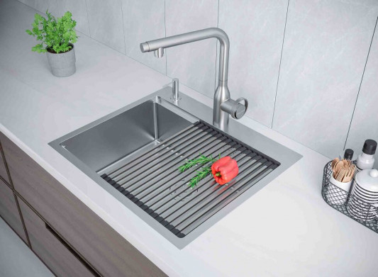 Комплект мойка кухонная Paulmark Kroner 59 Pro из нержавеющей стали с ролл-матом Pro PM705951-BS+R405-BS, нержавеющая сталь